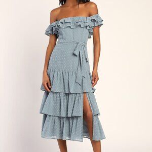 Lulus Dear To My Heart Slate Blue Swiss Dot Tiered Ruffled Midi Dress